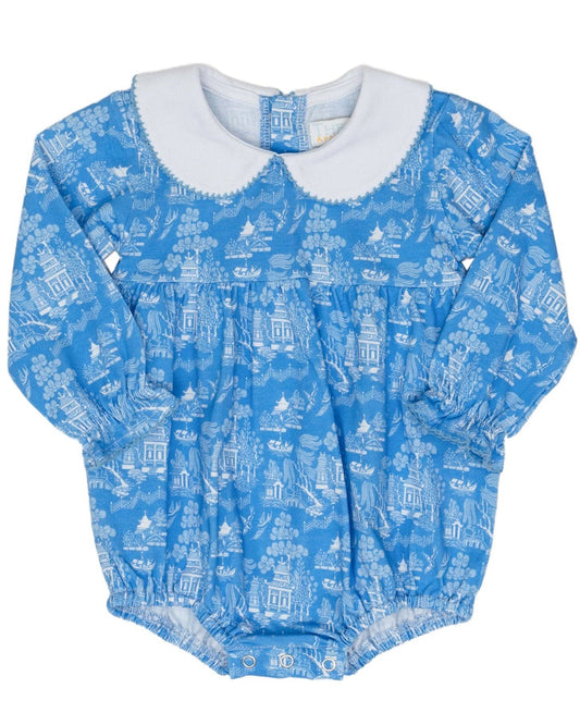Blue baby romper with white pattern on a white background