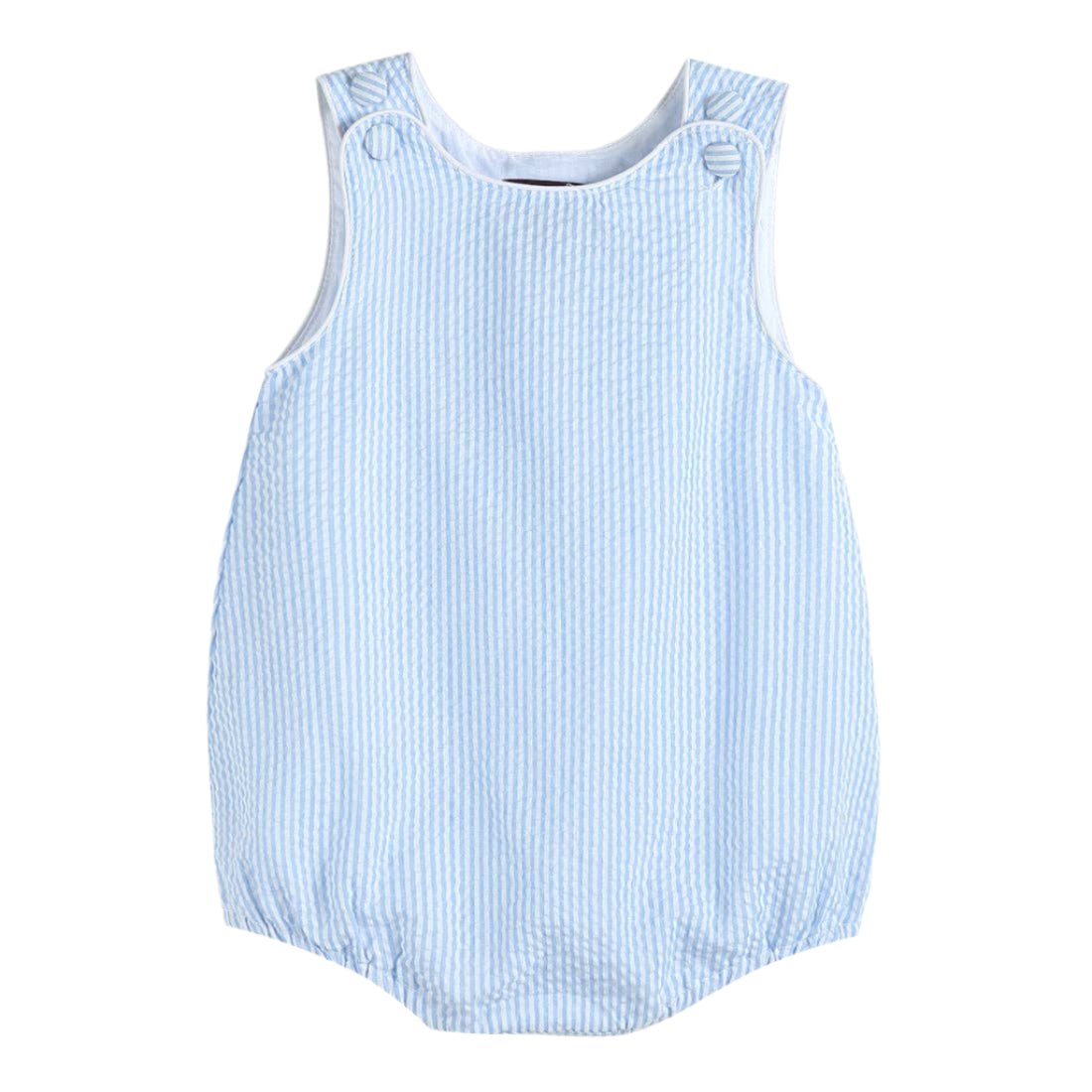 Light blue and white striped baby romper on a white background
