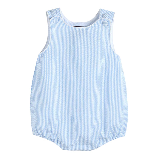 Light blue and white striped baby romper on a white background