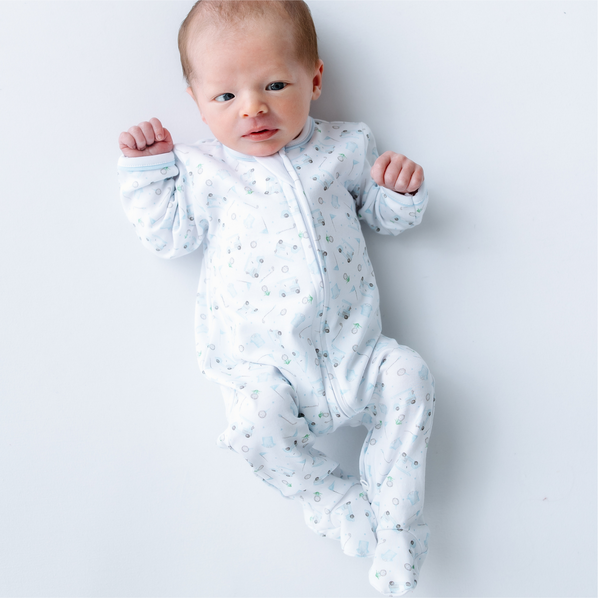 Little Golfer Print Zip Footie - Light Blue Magnolia Baby