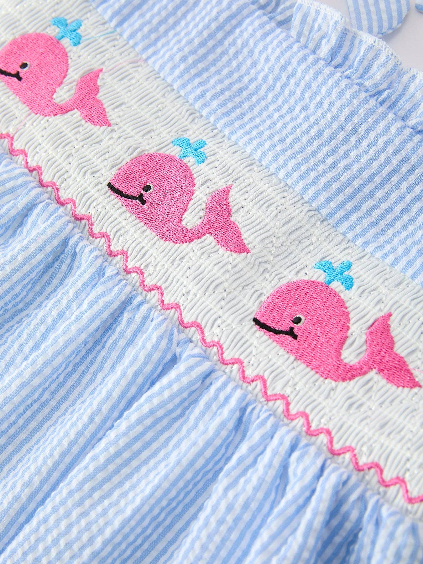 Whale Embroidered Smocked Seersucker Girls Dress Bow Rylee Faith Designs