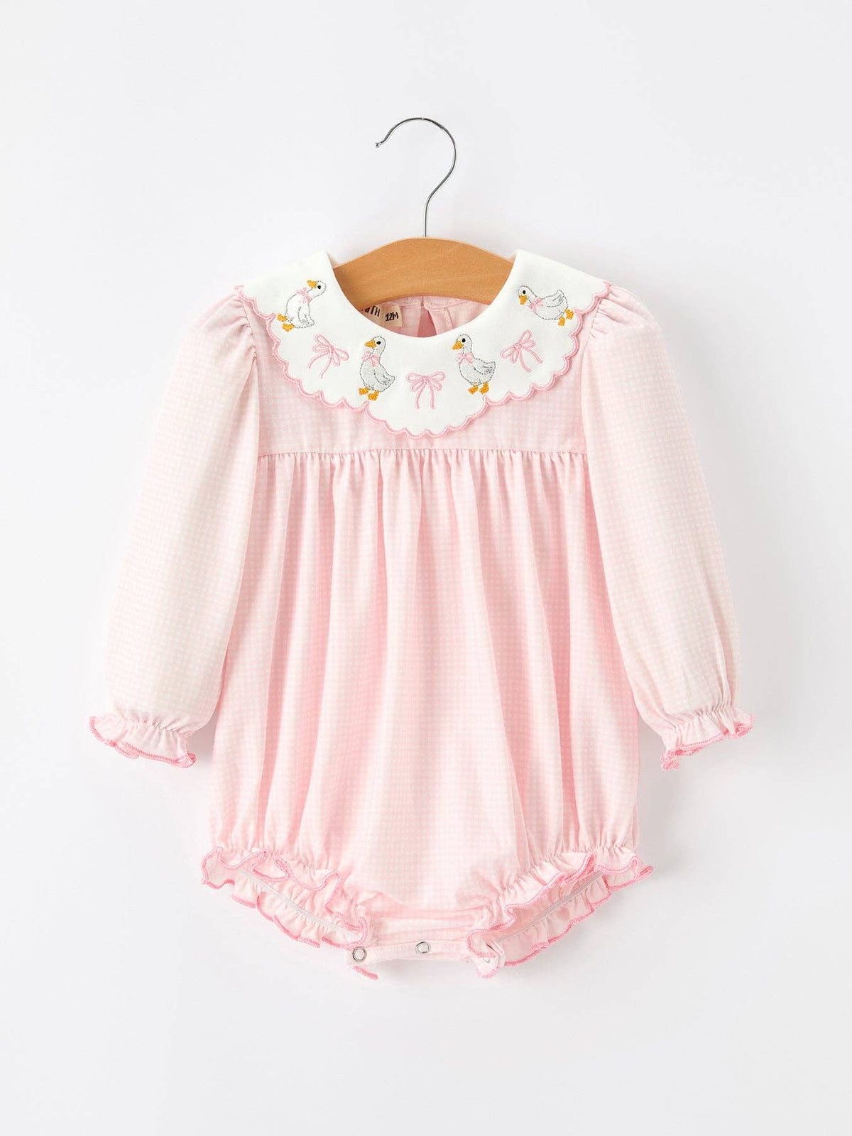 Pink Duck Embroidered Baby Girl Romper Ruffle Collar Rylee Faith Designs