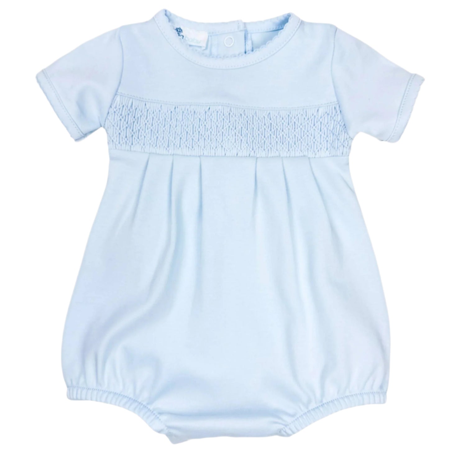 Light blue baby romper with smocked neckline on a white background