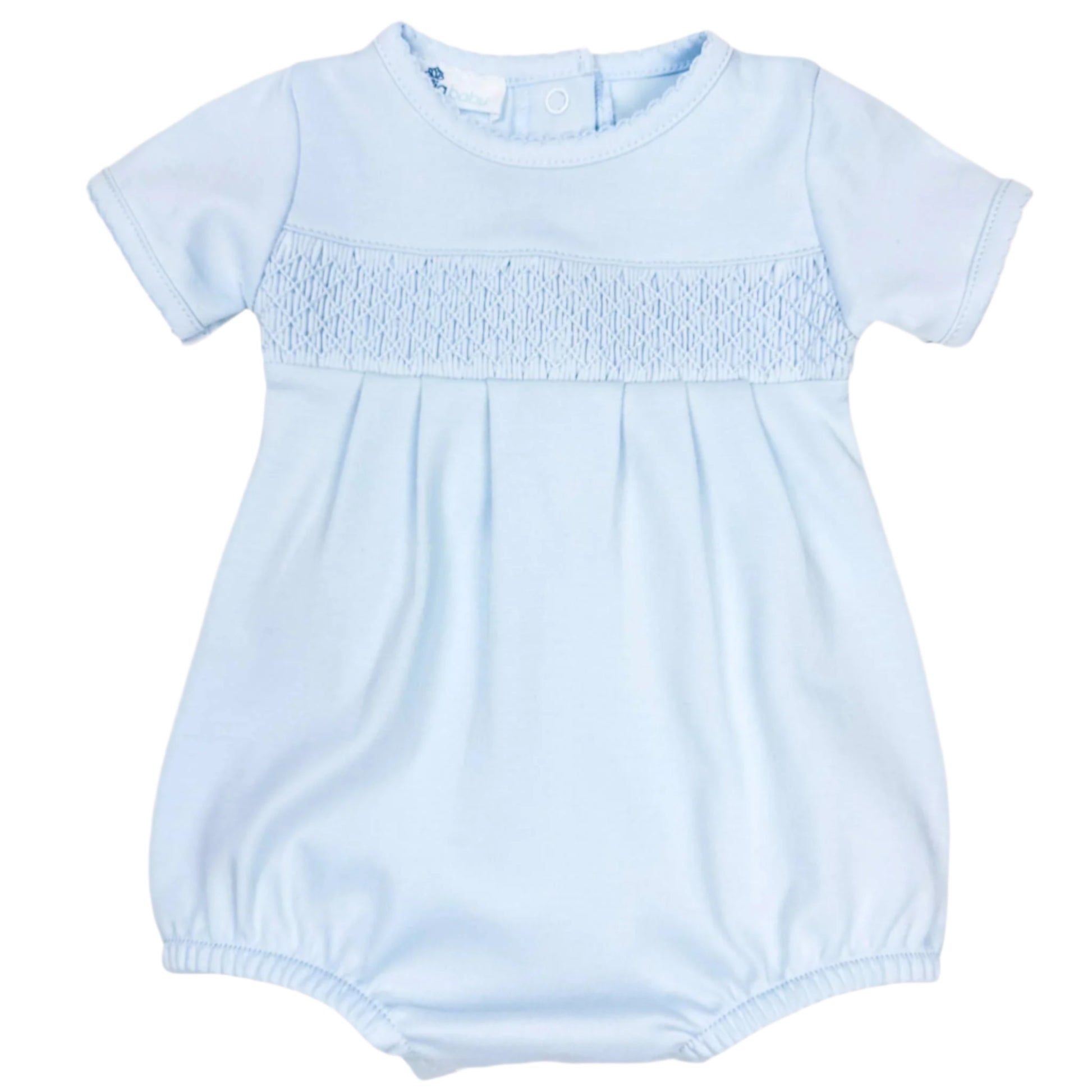 Light blue baby romper with smocked neckline on a white background