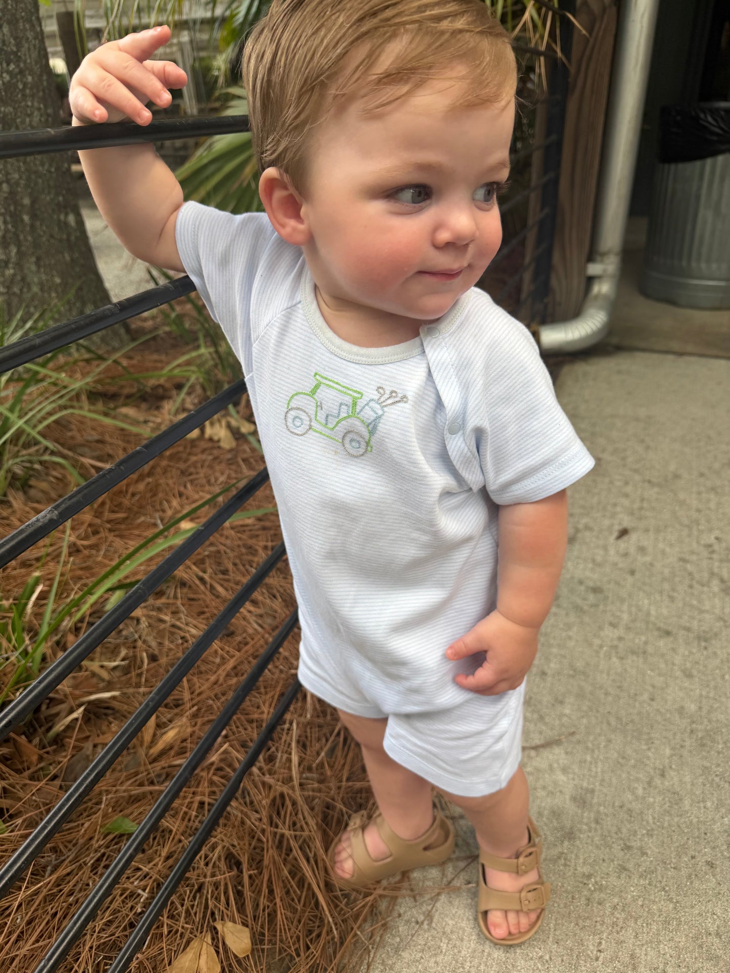 Blue Stripe Golf Romper Petit Ami & Zubels