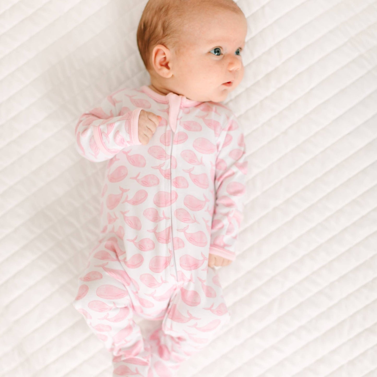 Azure Whales Print Zip Footie - Pink Magnolia Baby