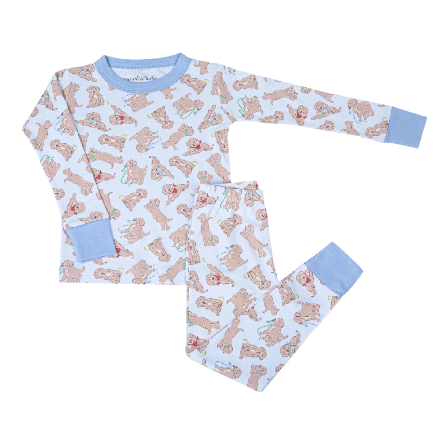 Children's pajama set with golden retrevier pattern on a white background