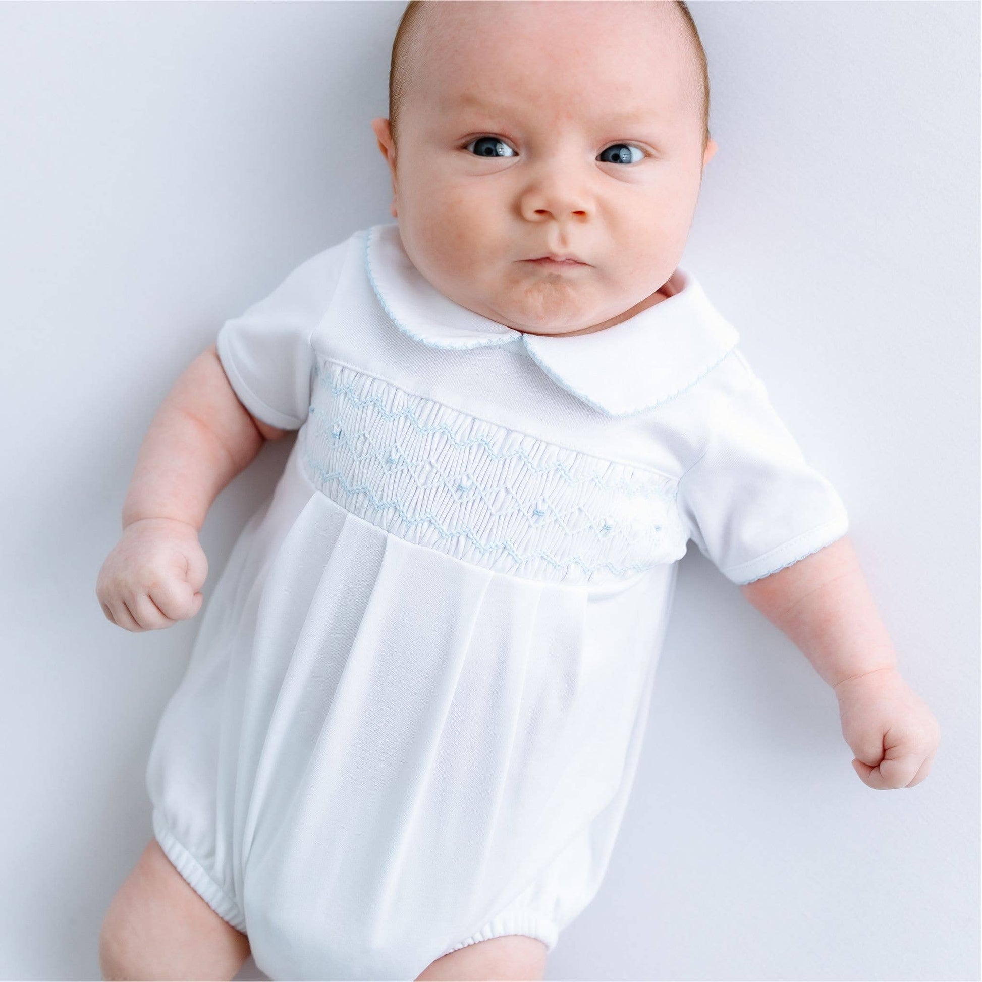 Landon's Classics Smocked Short Sleeve Bubble - Light Blue Magnolia Baby