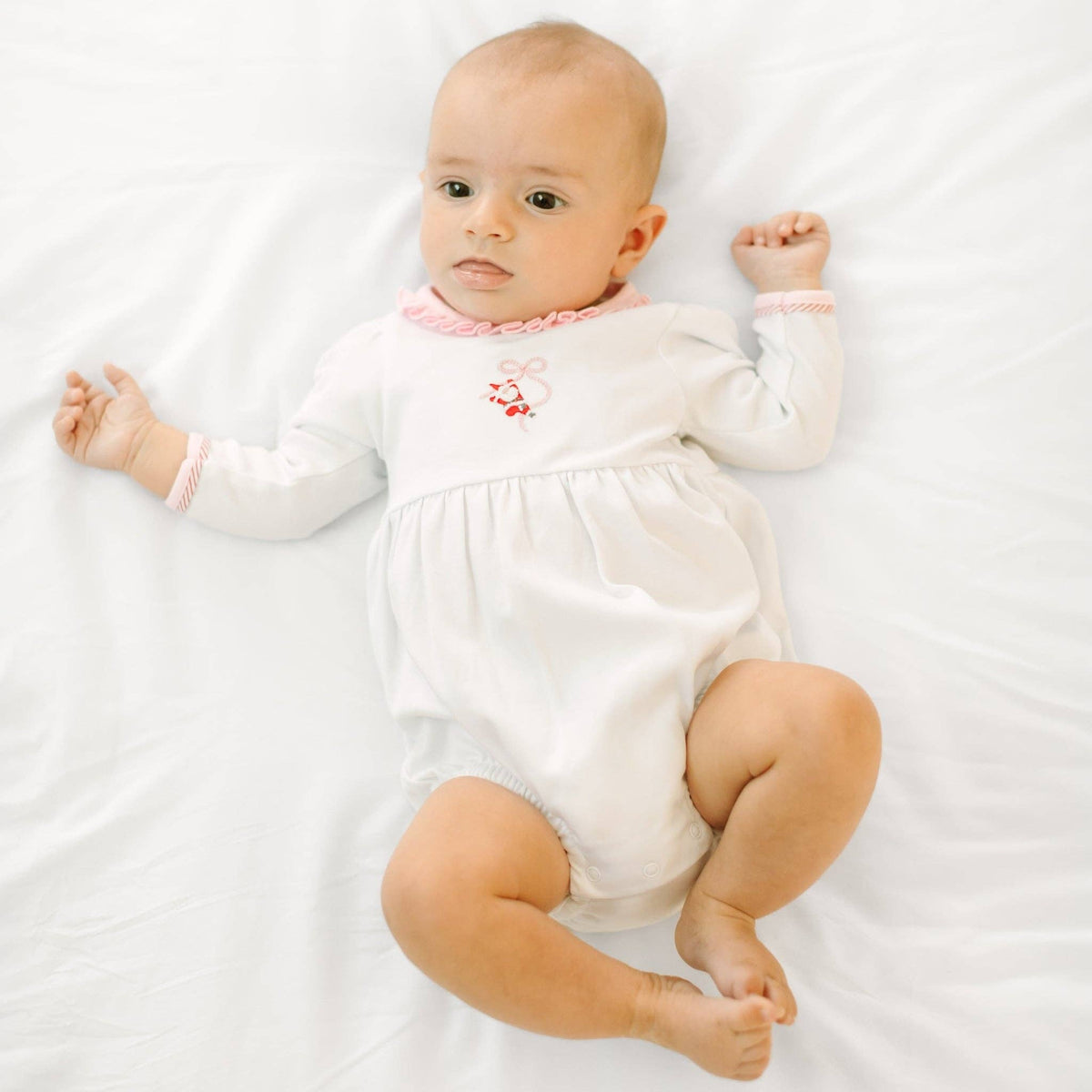 Jolly Ribbons Hand-Embroidered Long Sleeve Ruffle Bubble Magnolia Baby