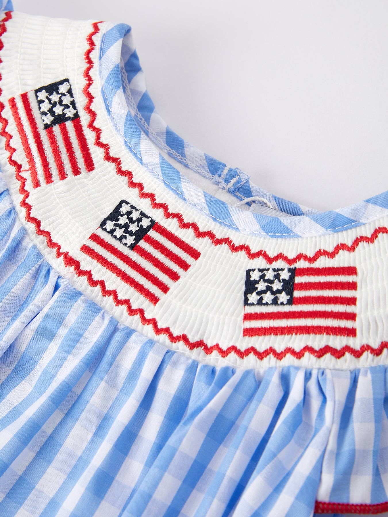 4th of july Flag Embroidery Smocking Girls Romper Rylee Faith Designs