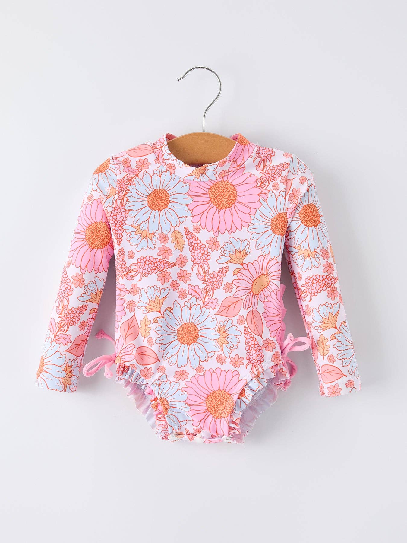Summer Daisy Floral Girl Long Sleeve Ruffle One Piece Swimsuit Rylee Faith Designs