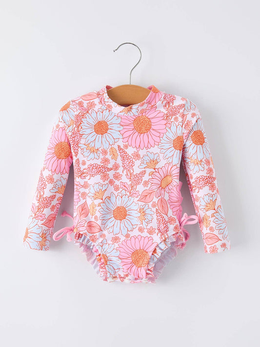 Summer Daisy Floral Girl Long Sleeve Ruffle One Piece Swimsuit Rylee Faith Designs