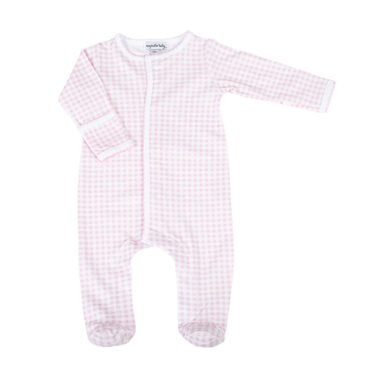 Pink gingham baby onesie on a white background