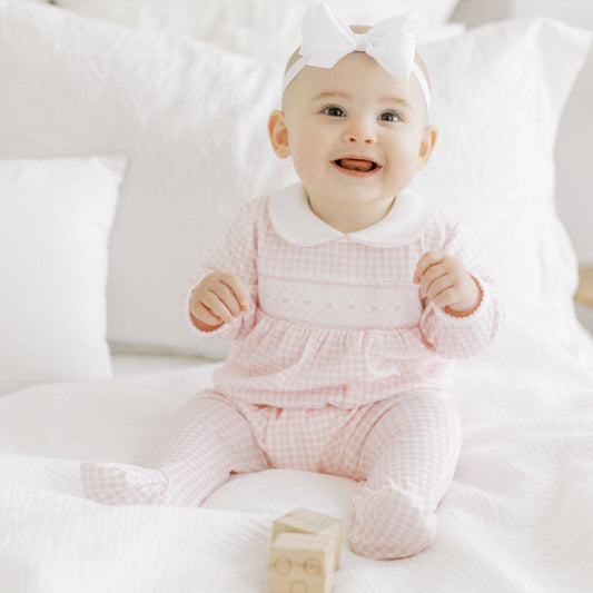Mini Checks Smocked Collared Footie - Pink Magnolia Baby