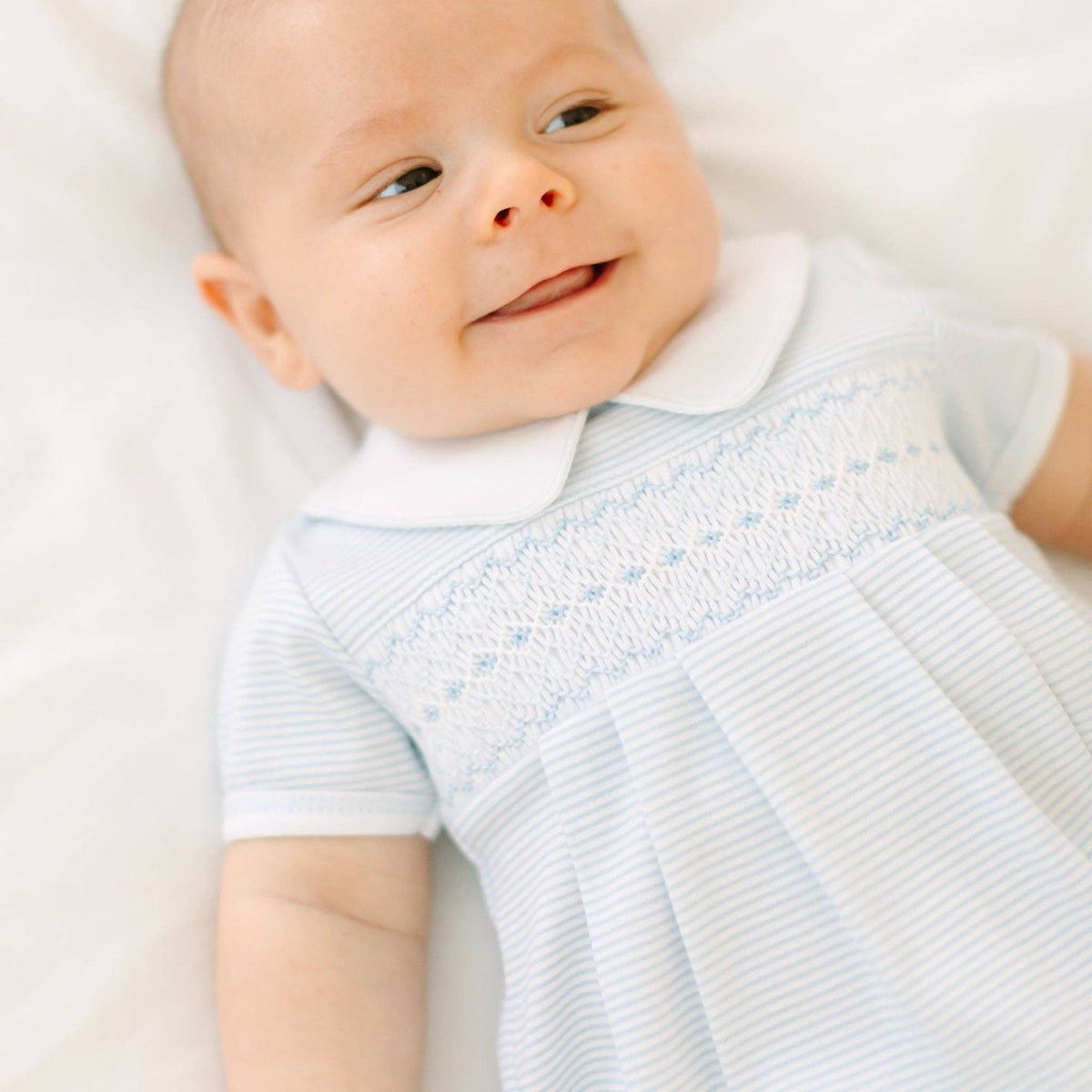 Benjamin Smocked Short Sleeve Bubble - Light Blue Magnolia Baby