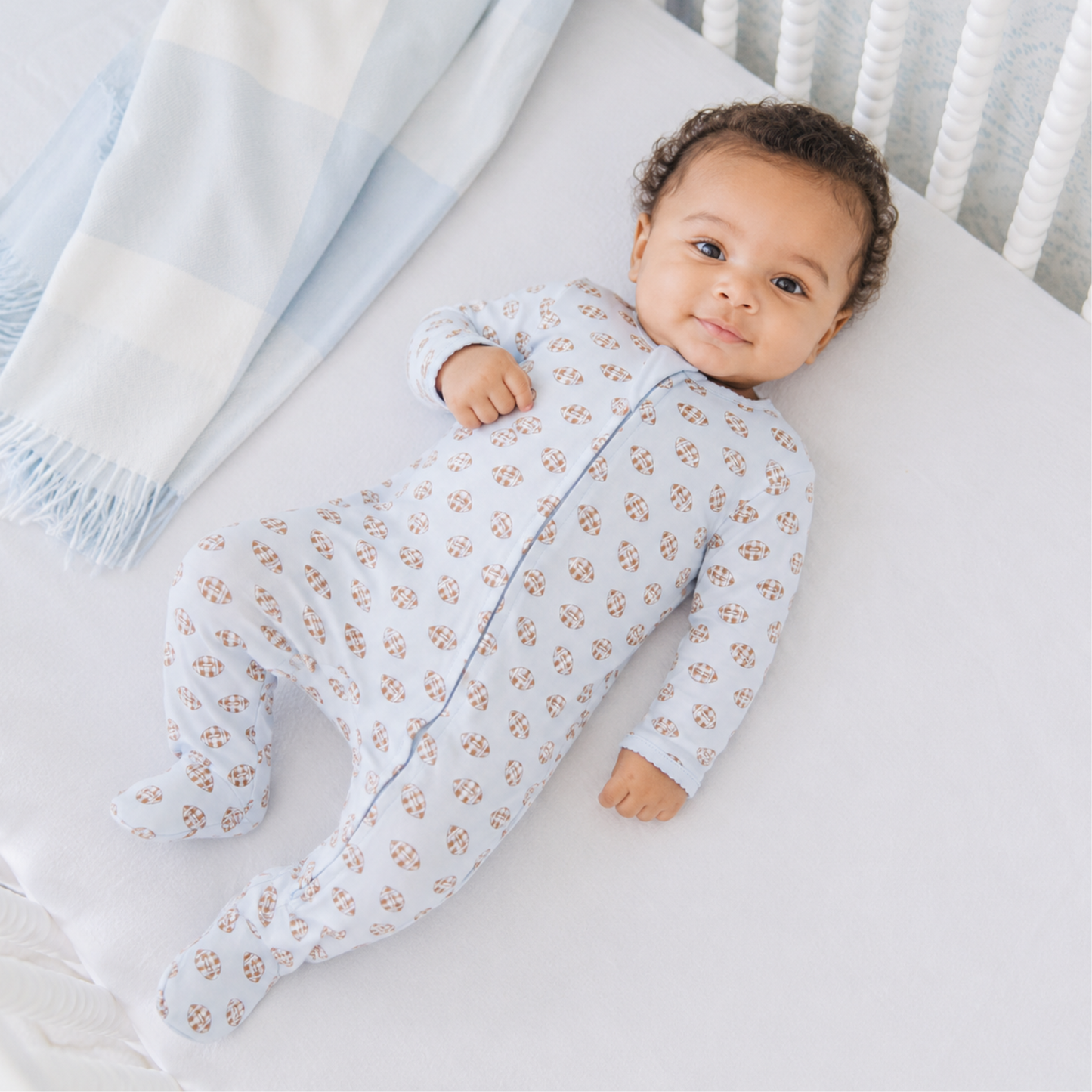 Tiny Tailgater Print Zip Footie - Light Blue Magnolia Baby