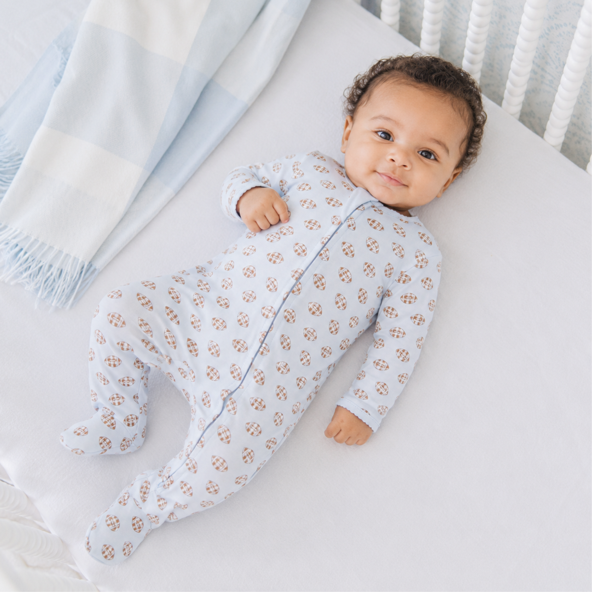 Tiny Tailgater Print Zip Footie - Light Blue Magnolia Baby
