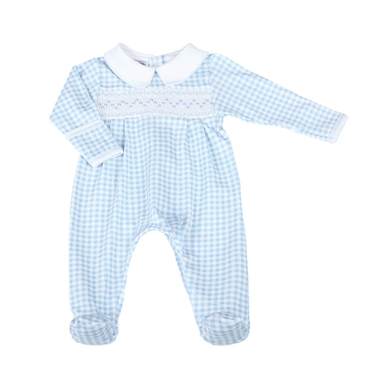 Blue Mini Checks Smocked Collared Footie
