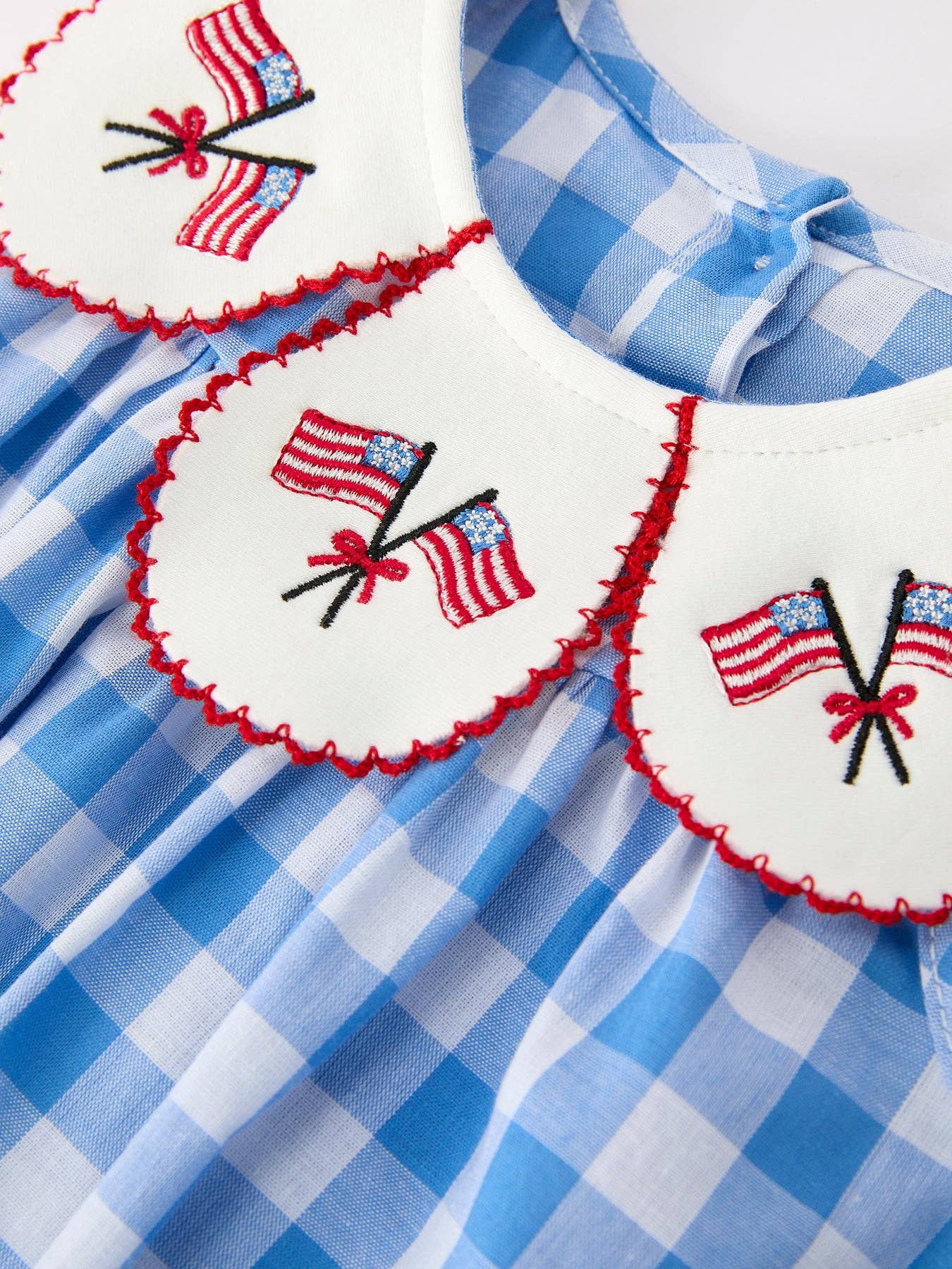 Girls 4th of July Plaid Romper Bow Embroidery Petals Collar Rylee Faith Designs