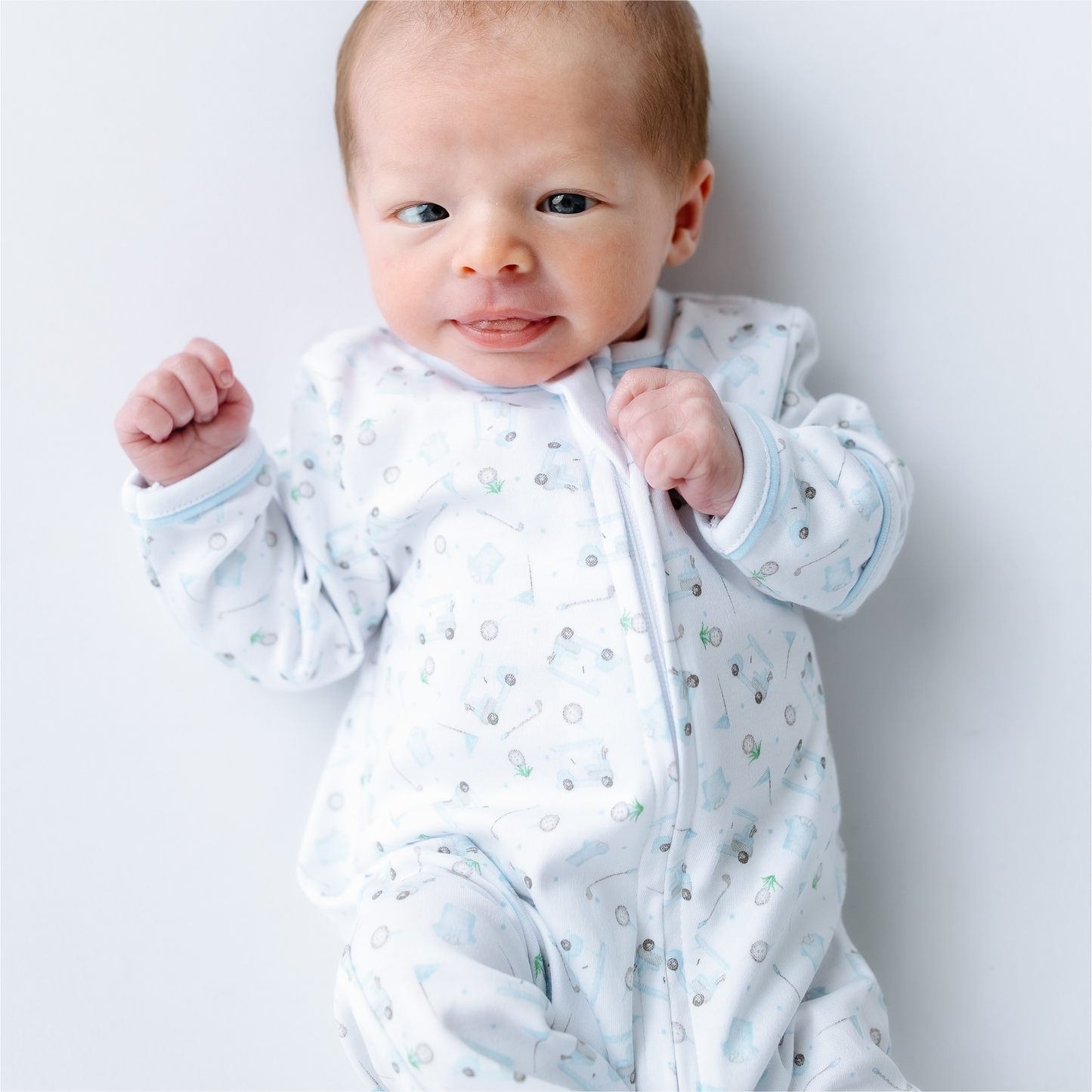 Little Golfer Print Zip Footie - Light Blue Magnolia Baby