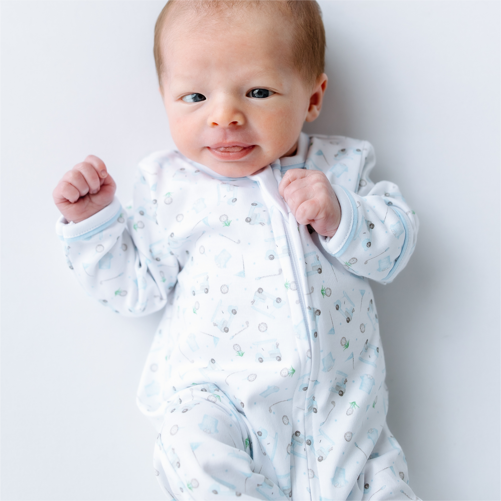 Little Golfer Print Zip Footie - Light Blue Magnolia Baby