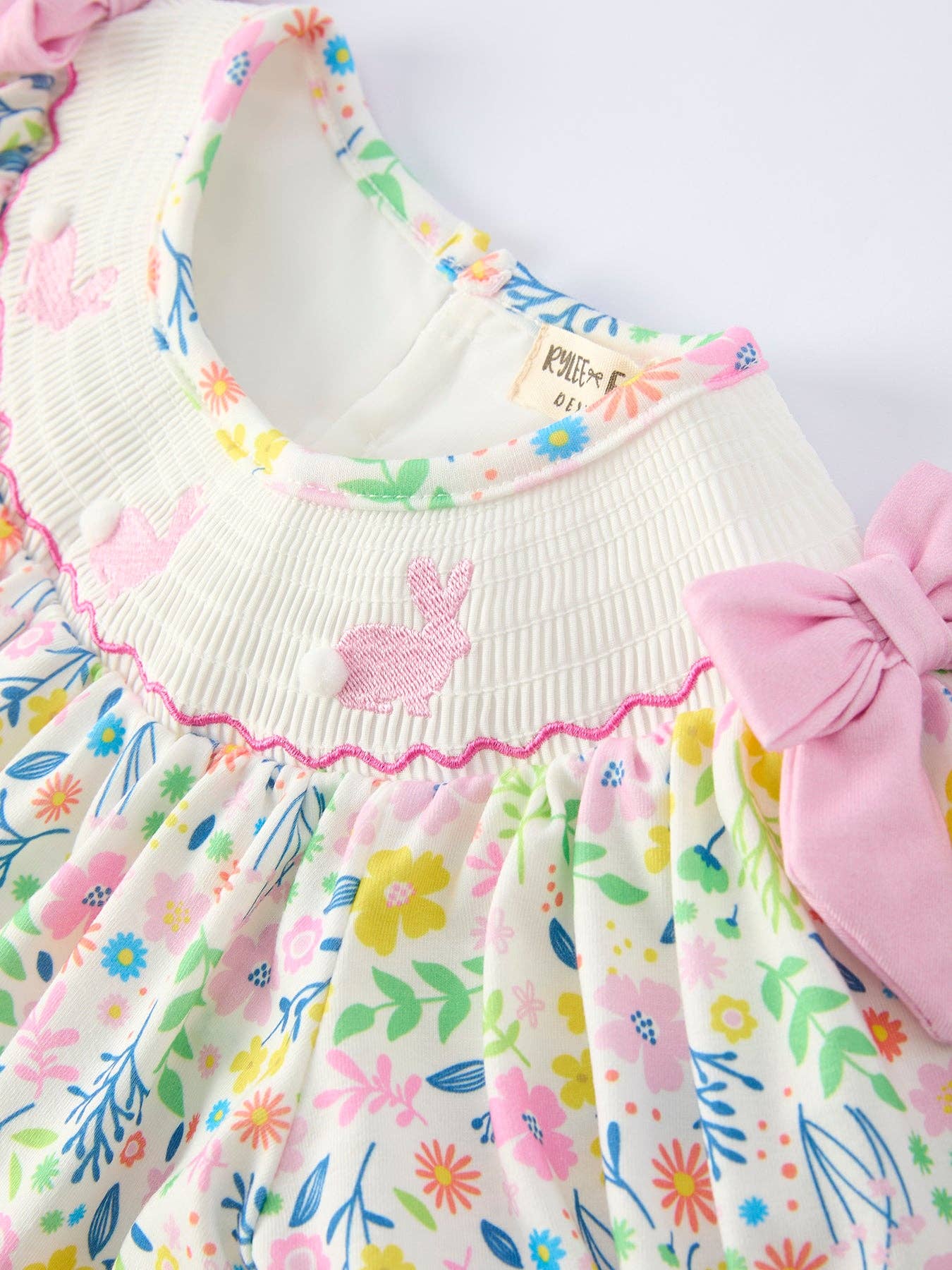 Easter Bunny Embroidered Pom-Pom Short-Sleeved  Girls Dress Rylee Faith Designs