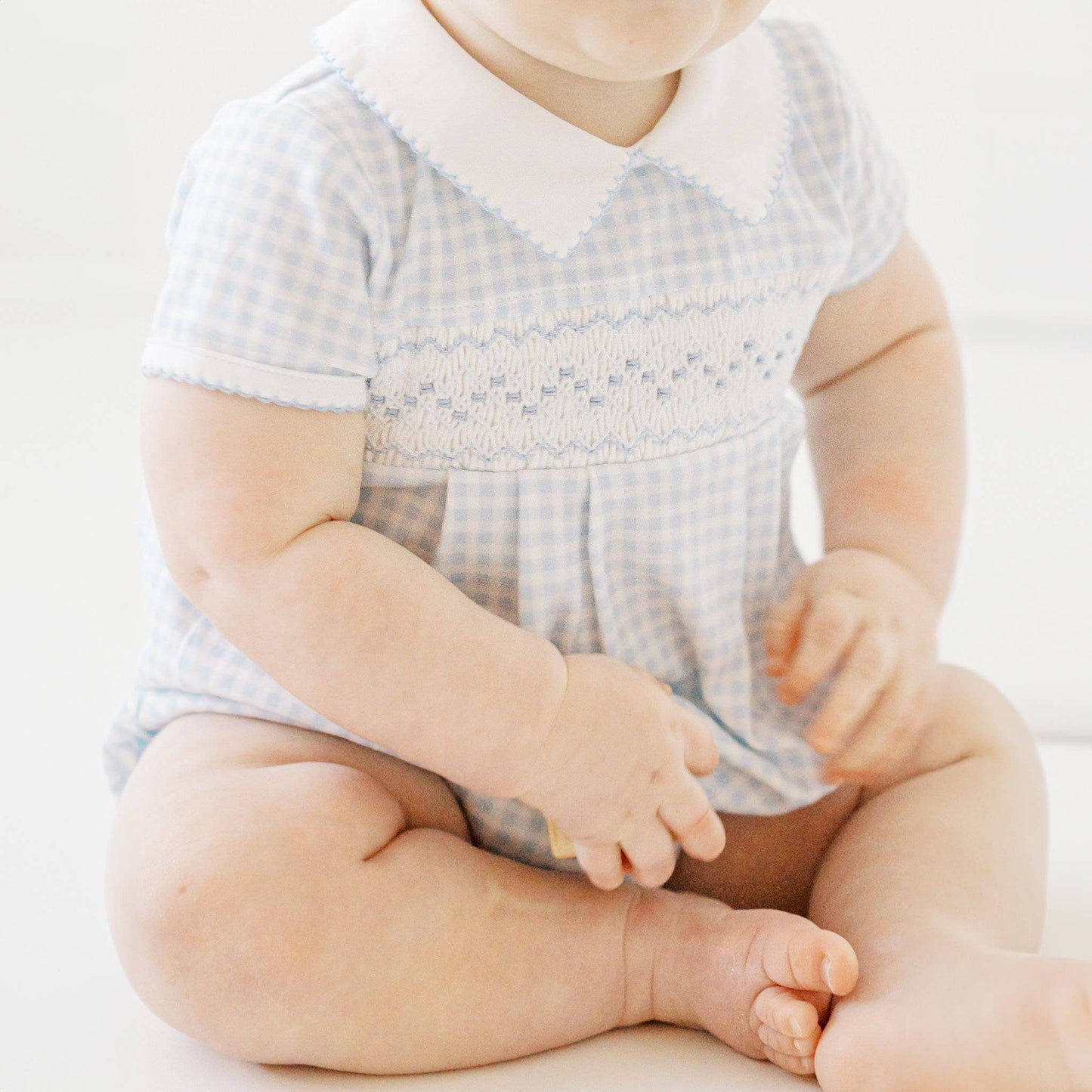Mini Checks Smocked Collared S/S Bubble - Blue Magnolia Baby