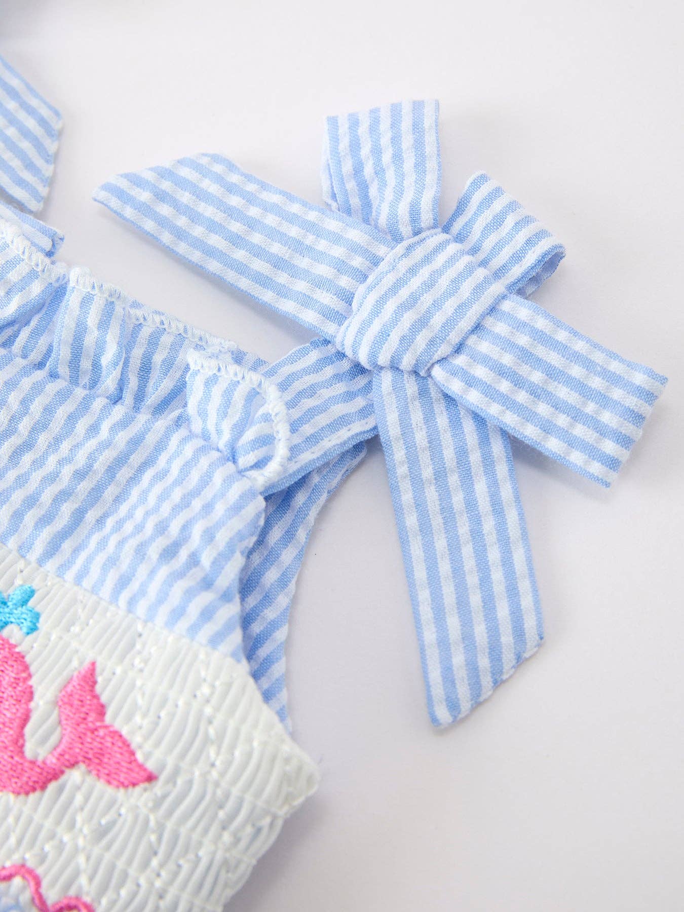 Whale Embroidered Smocked Seersucker Baby Girl Romper Bow Rylee Faith Designs