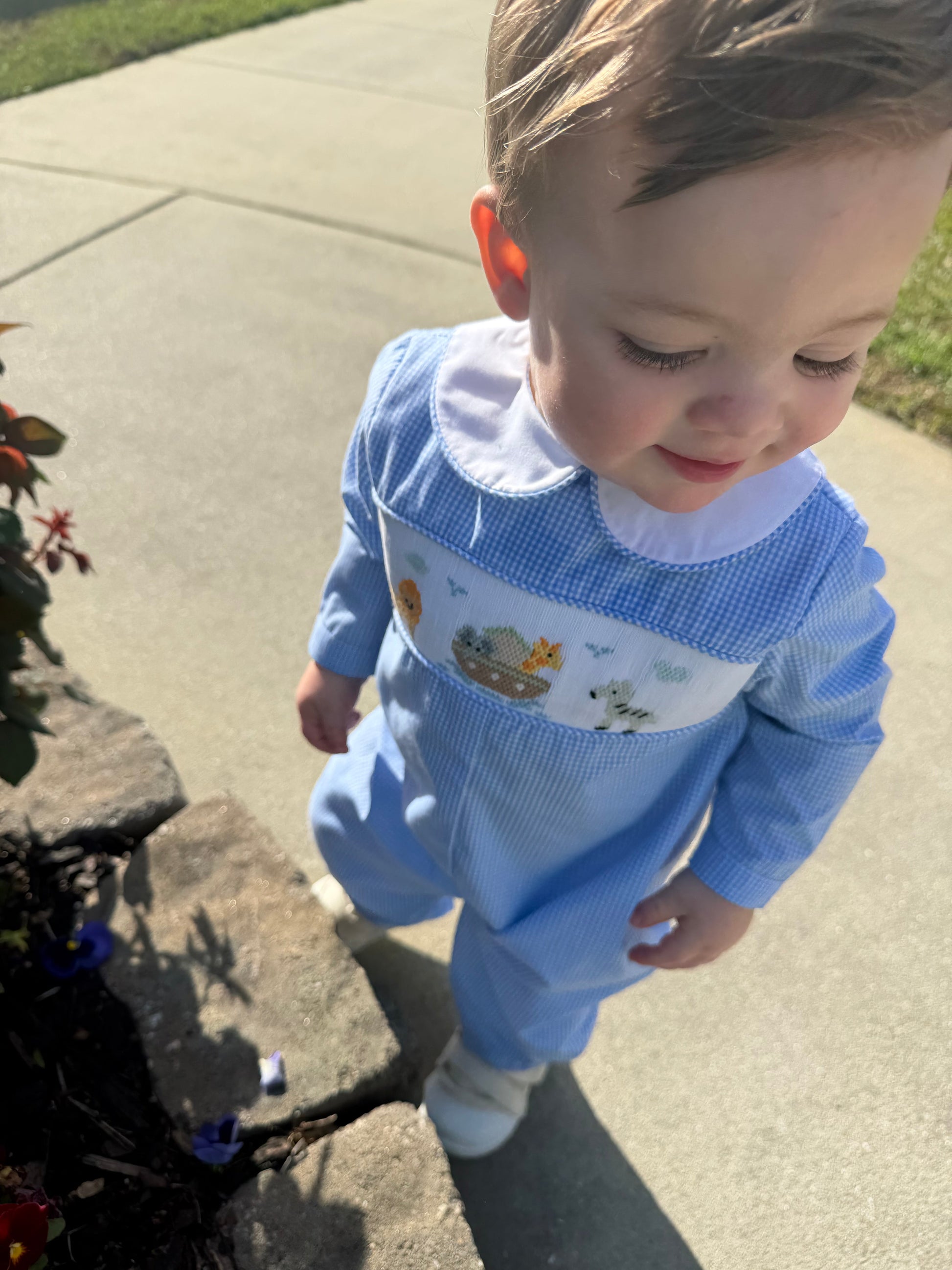 Noah’s Ark Smocked Long Sleeve Romper Petit Ami & Zubels
