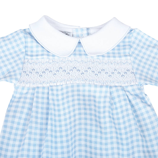 Blue Mini Checks Smocked Collared Footie Lowcountry Littlewear
