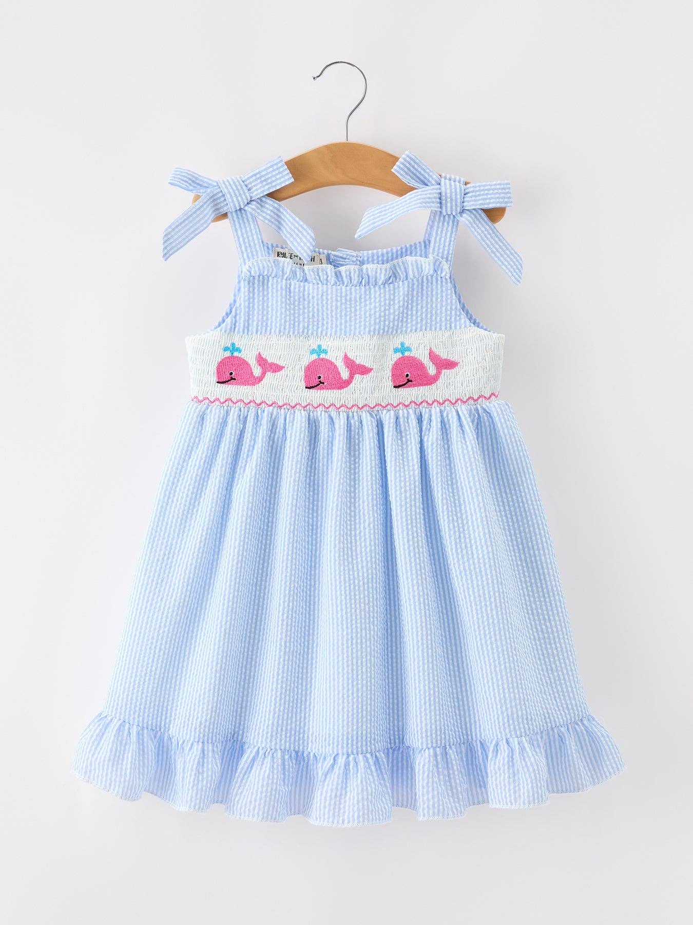 Whale Embroidered Smocked Seersucker Girls Dress Bow Rylee Faith Designs