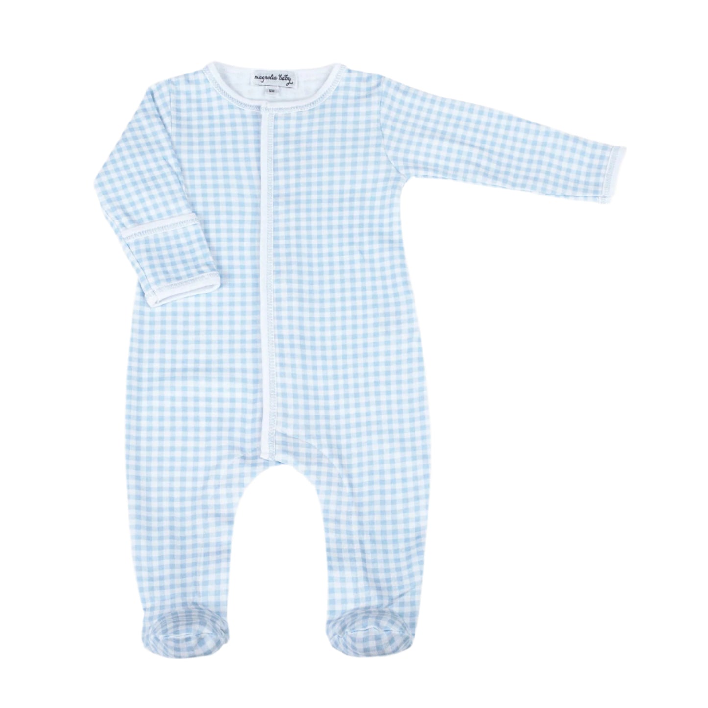 Blue and white checkered baby onesie on a white background