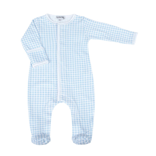 Blue and white checkered baby onesie on a white background