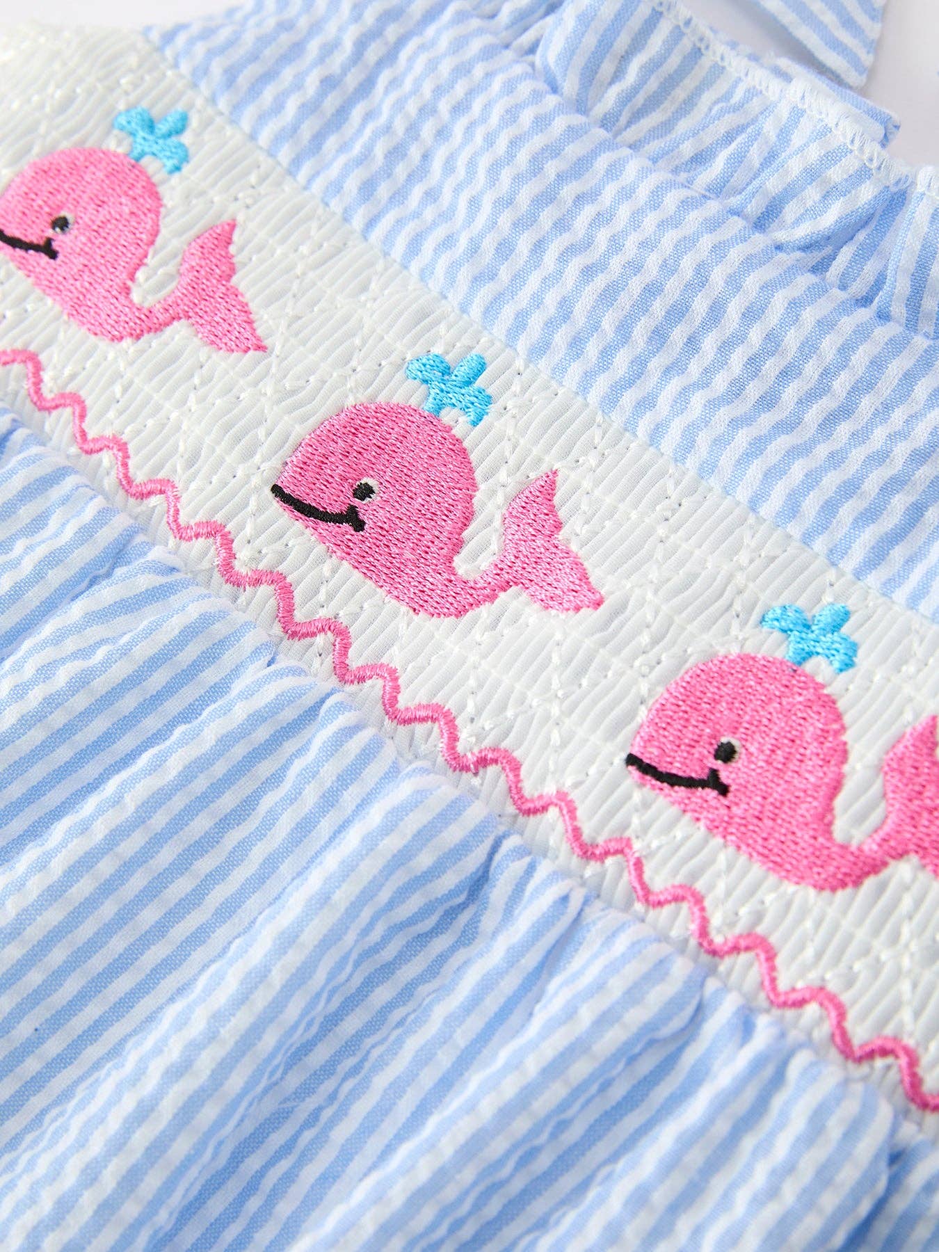 Whale Embroidered Smocked Seersucker Baby Girl Romper Bow Rylee Faith Designs