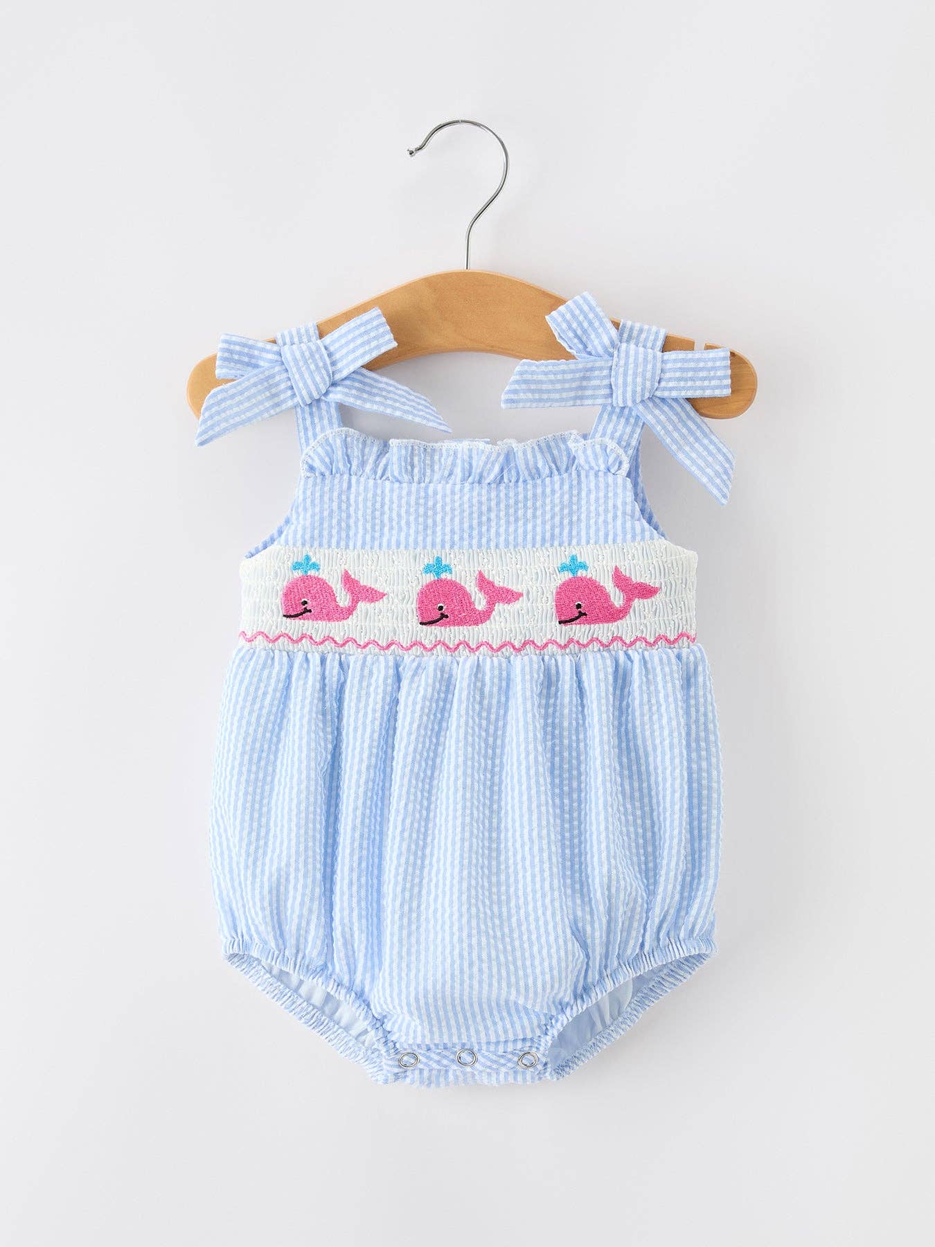 Whale Embroidered Smocked Seersucker Baby Girl Romper Bow Rylee Faith Designs