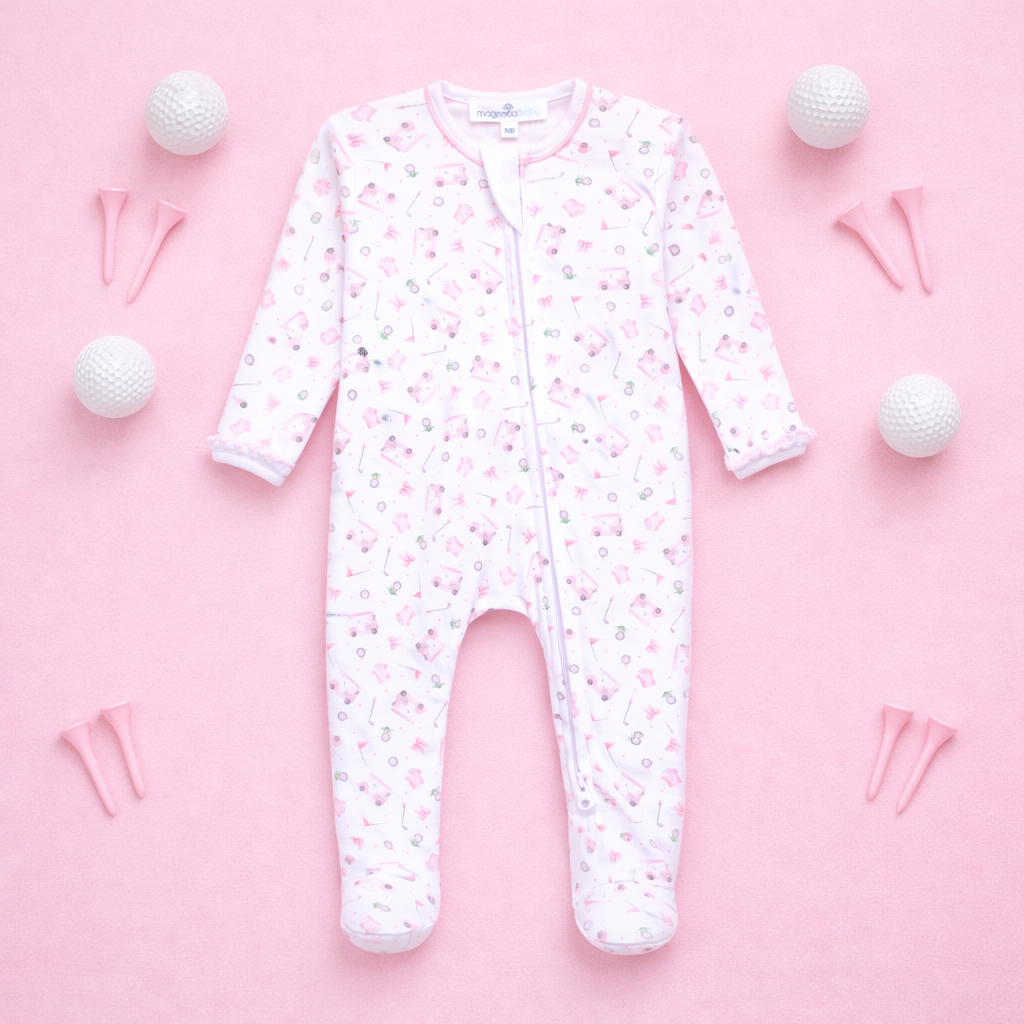 Little Golfer Print Ruffle Zip Footie - Pink Magnolia Baby