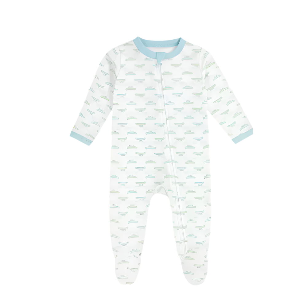 Baby onesie with cloud pattern on a white background