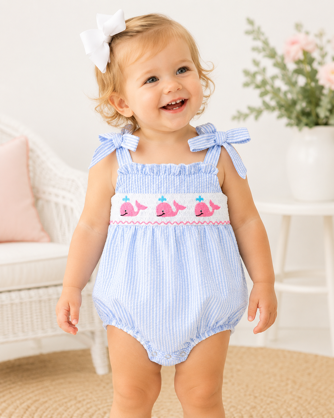 Seaside Whale Smocked Girl’s Bubble Rylee Faith Designs