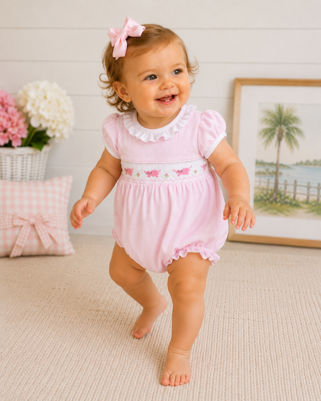 Pink Hand Smocked Elephants Bubble Hug Me First