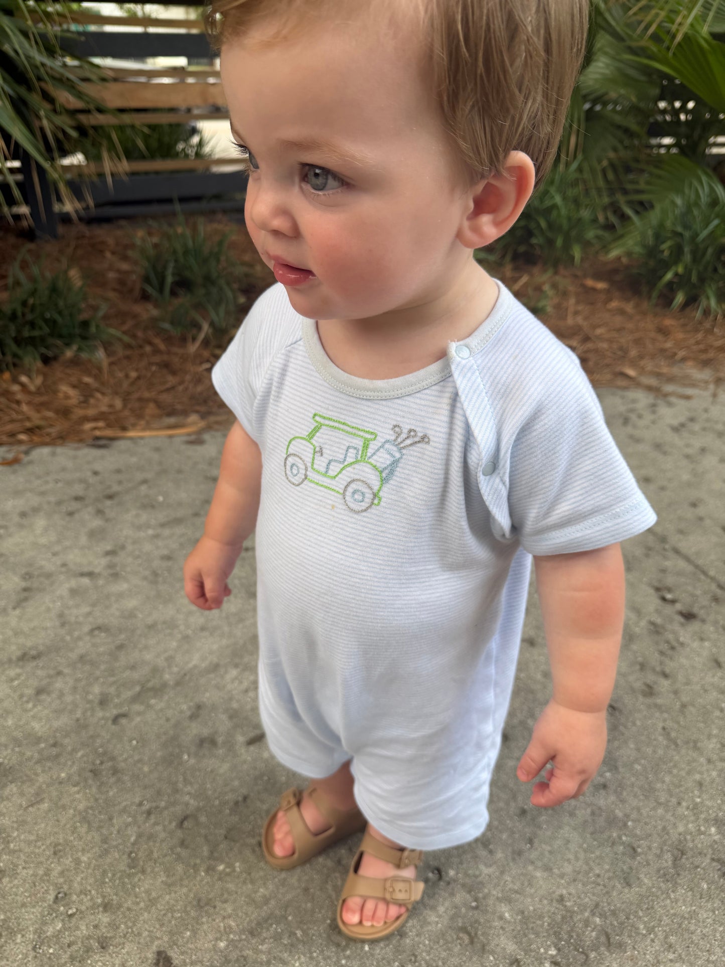 Blue Stripe Golf Romper Petit Ami & Zubels