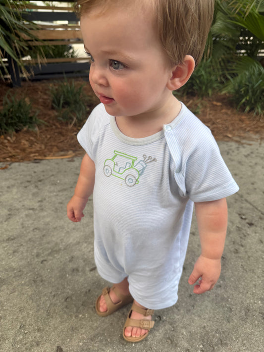 Blue Stripe Golf Romper Petit Ami & Zubels