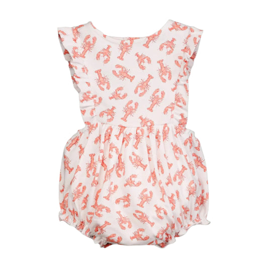 White romper with red lobster pattern on a black background