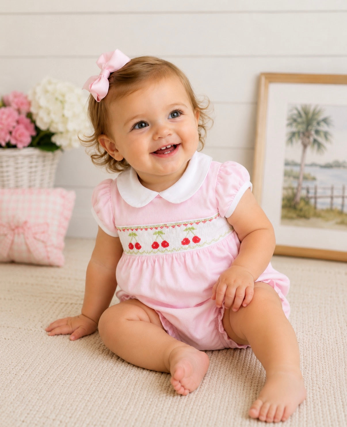 Hand Smocked Cherries Bubble Hug Me First