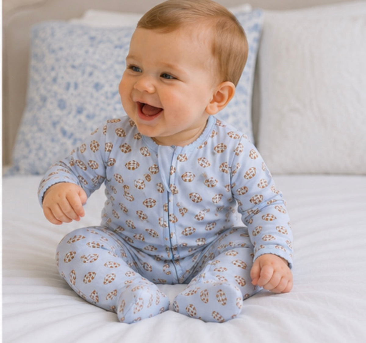 Tiny Tailgater Print Zip Footie - Light Blue Magnolia Baby