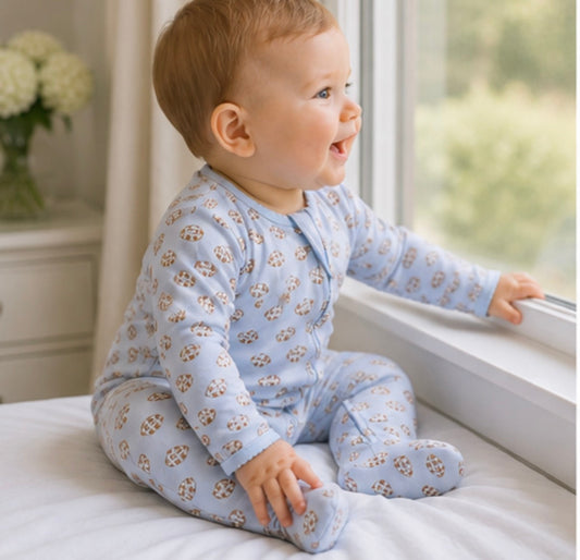 Tiny Tailgater Print Zip Footie - Light Blue Magnolia Baby