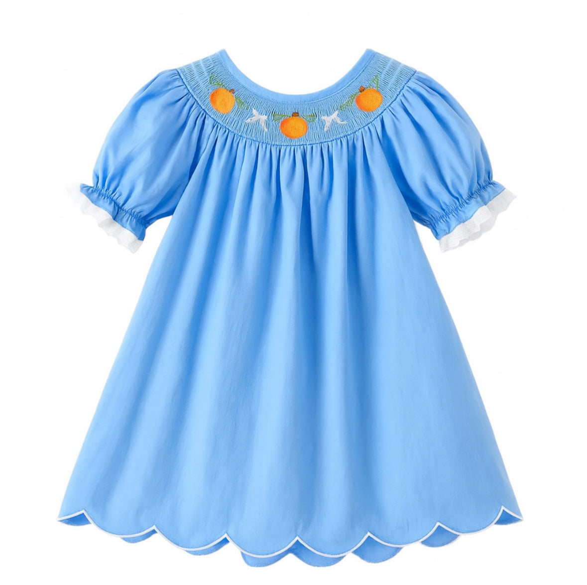 Little girl blue Thanksgiving fall dress pumpkins 