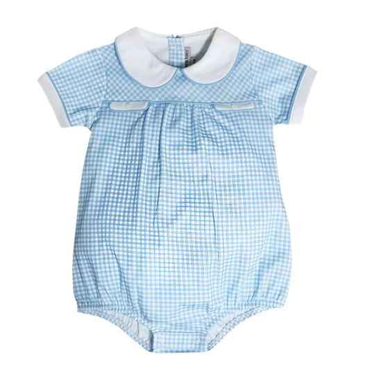 Blue checkered baby romper with white collar on a white background