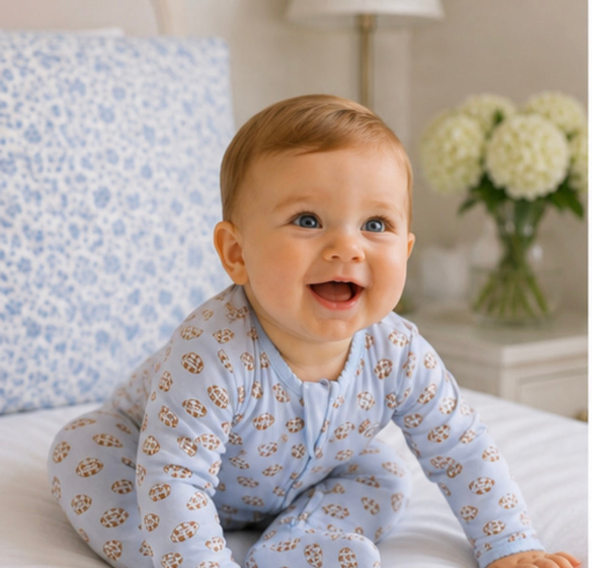 Tiny Tailgater Print Zip Footie - Light Blue Magnolia Baby