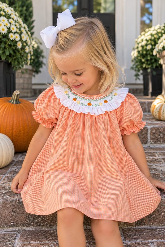 Dress with Smocked Collar and Bullion Pumpkins Petit Ami & Zubels