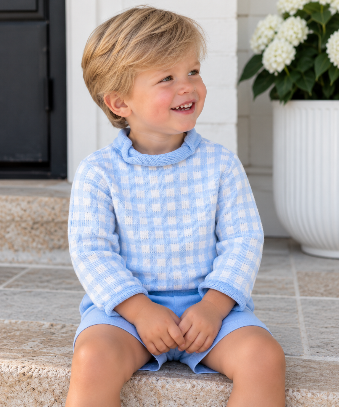 Beau Blue Gingham Knit Sweater Lowcountry Littlewear